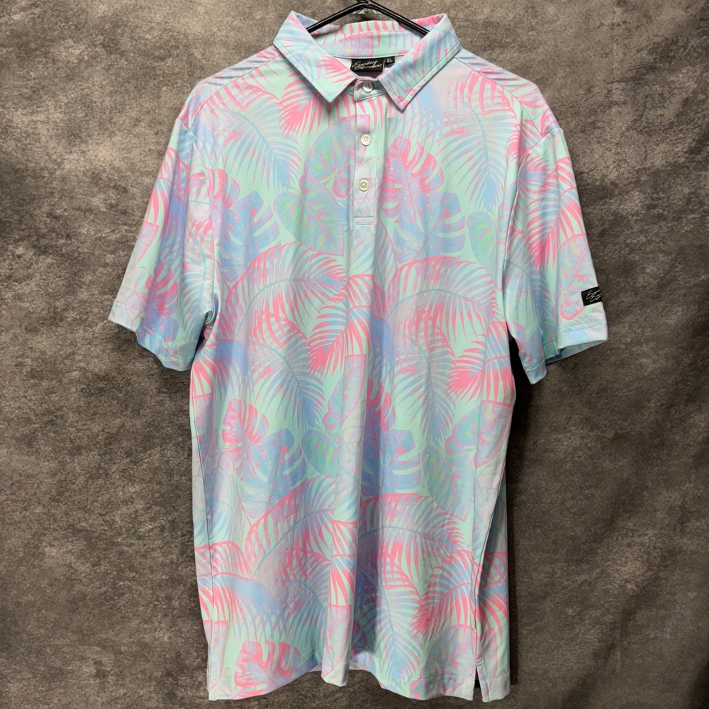 Sunday Swagger Golf Polo Shirt Mens XL Pink Blue Palm Monstera Leaf Print